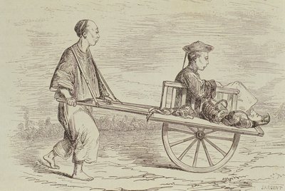 Schubkarren-Taxi in den 1850er Jahren, China, graviert von Alfred Louis Sargent aus 